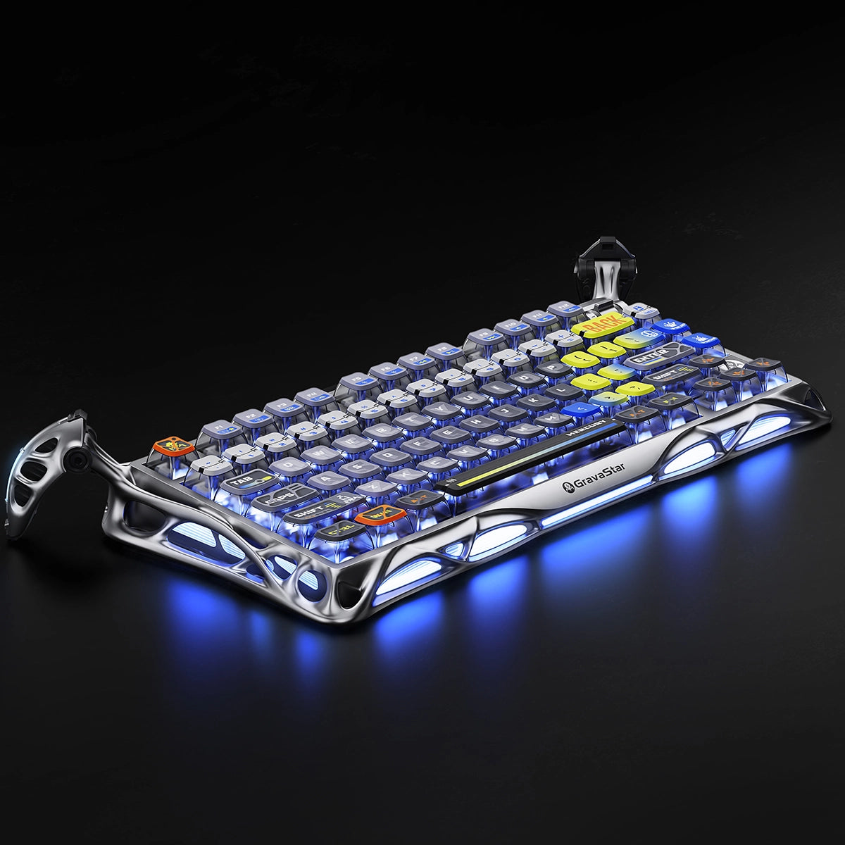GravaStar Ultimate Gaming Set in Interstellar Silver, featuring Mercury K1 Pro 75% compact gaming keyboard (aluminum alloy frame with nano-textured surface, South-facing RGB backlighting) paired with Mercury X Pro 8KHz wireless mouse (PAW 3950 sensor, 49g magnesium alloy hollow skeleton, customizable RGB lighting), displayed with a free GravaStar Keyboard Wrist Rest Pad. Highlighting premium build: 70M keystroke-rated GravaStar x Kailh linear switches (silent, 0.4mm quick rebound), gasket-mounted FR4 plate 