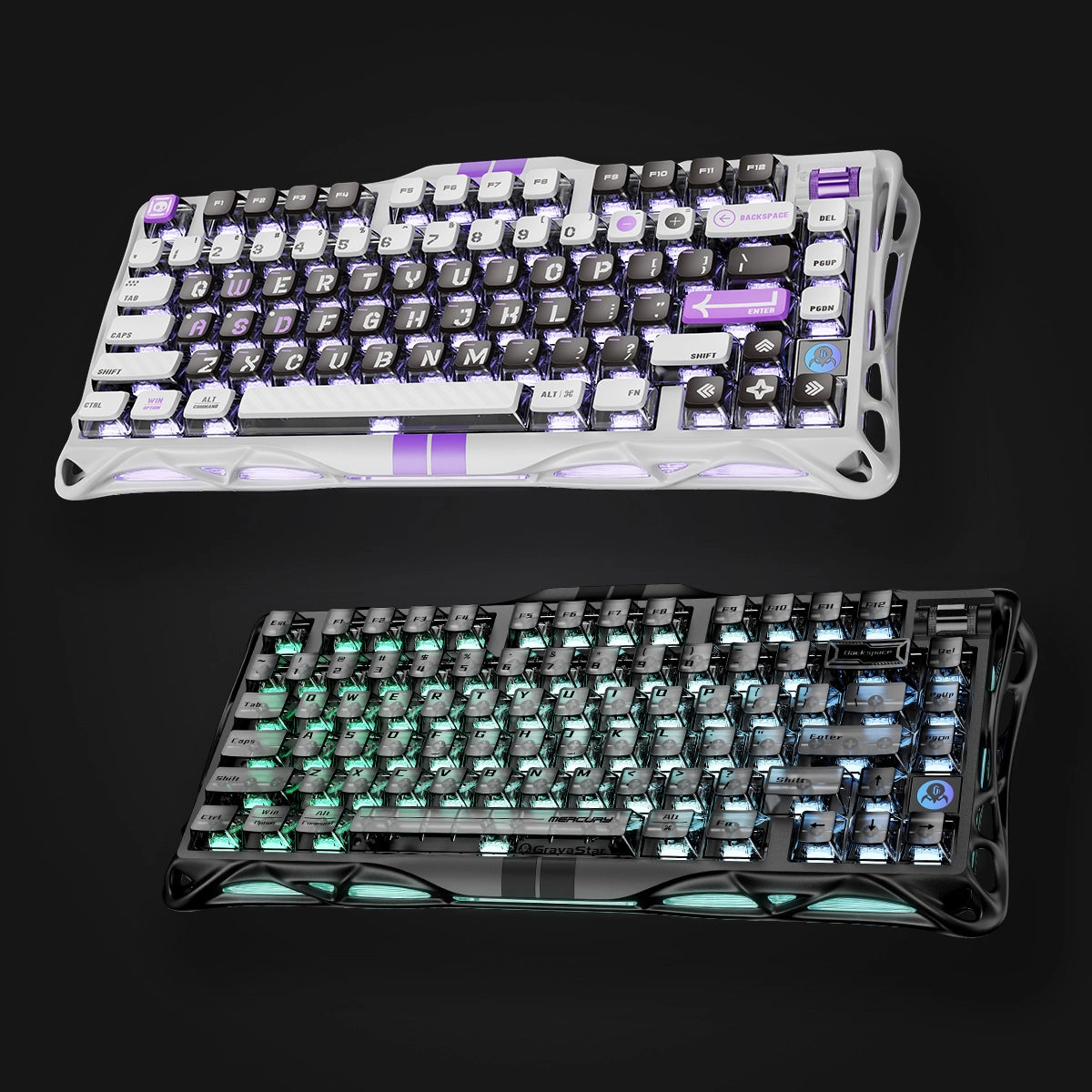 Gravastar Mercury V75-HE gaming keyboard hero image, showcasing semi-aluminum construction, RGB lighting, and modern industrial design with acoustic aesthetics.