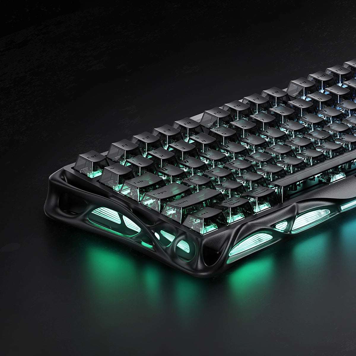 Gravastar Mercury V75-HE gaming keyboard hero image, showcasing semi-aluminum construction, RGB lighting, and modern industrial design with acoustic aesthetics.