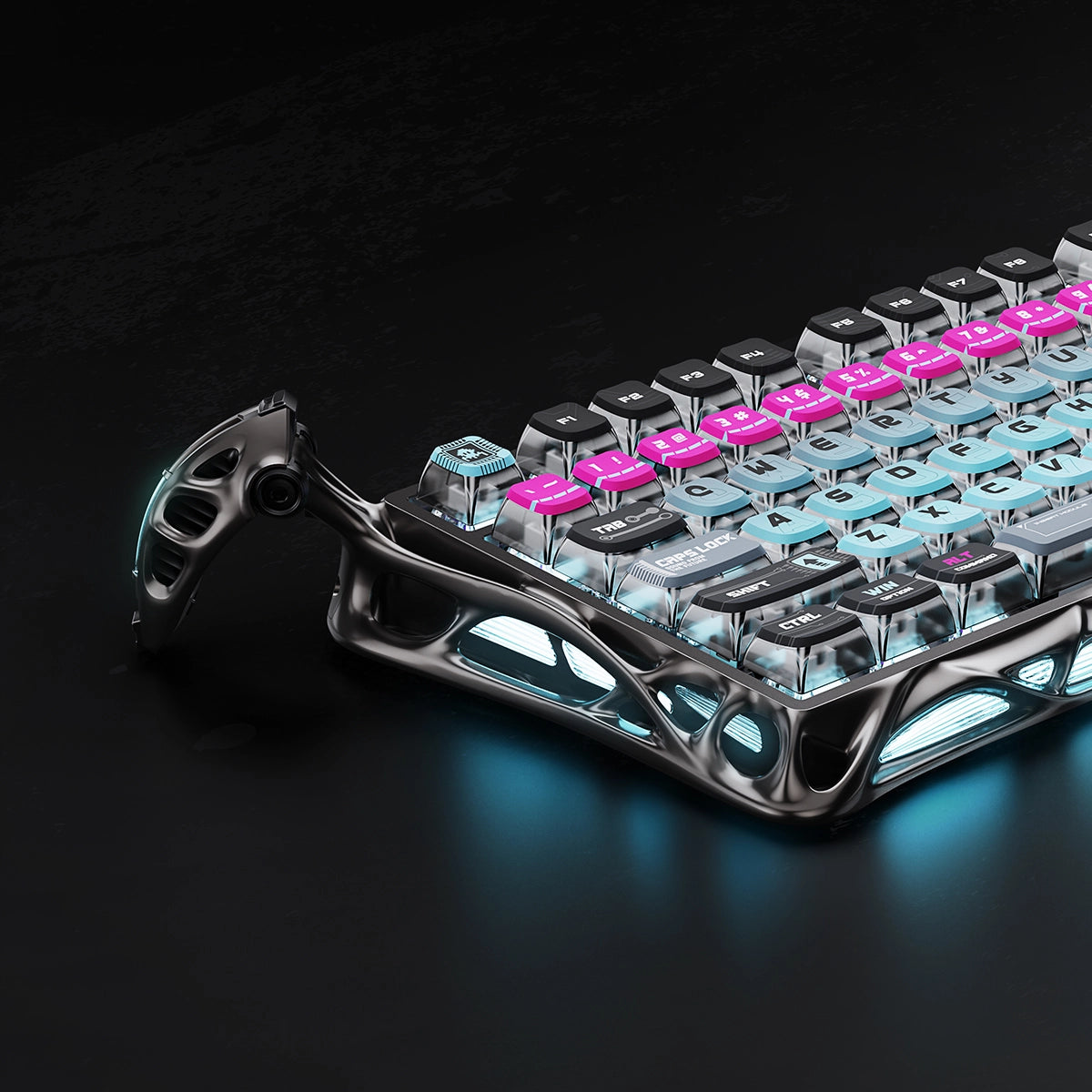 Gravastar Mercury V75 Pro "Cyberpunk" special edition gaming keyboard hero shot, showcasing neon cyberpunk-inspired design, semi-aluminum frame, and vibrant RGB lighting.