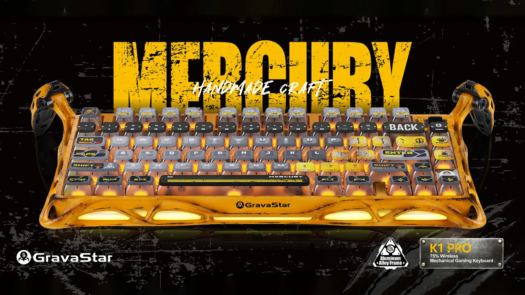 
GravaStar Handcrafted Gaming Set Battle-Worn Yellow - Mercury K1 Pro mechanical keyboard 75% layout with 8000mAh battery, gasket mount, RGB lighting, Kailh Speedy Mint switches, Mercury X Pro wireless mouse 32000 DPI, 8kHz polling rate, magnesium alloy construction, authentic battle-worn weathered finish, handcrafted artisan quality, perfect for competitive gaming, FPS, esports, streaming, content creation, tri-mode connectivity