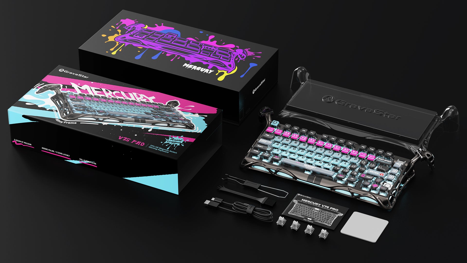 GravaStar Mercury V75 Pro Cyberpunk Gaming Keyboard - 75% compact layout with Hall Effect magnetic switches, 8kHz polling rate, 0.125ms latency, adjustable actuation 0.1-4.0mm, dynamic rapid trigger, RGB lighting 16 modes, semi-aluminum construction, hot-swappable switches, 5-layer acoustic foam, cyberpunk futuristic design, perfect for FPS gaming, CS2, Valorant, competitive esports, streaming, content creation