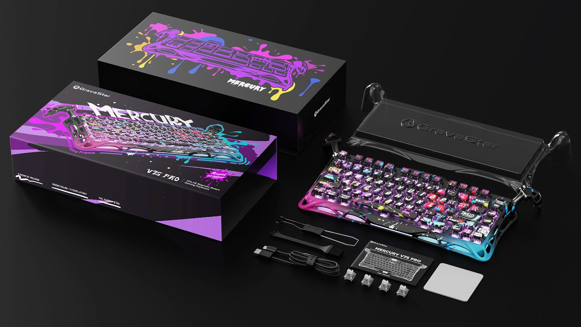 GravaStar Mercury V75 Pro Special Edition Neon Graffiti Gaming Keyboard - 75% compact layout with Hall Effect magnetic switches, 8kHz polling rate, 0.125ms latency, adjustable actuation 0.2-3.7mm, dynamic rapid trigger, RGB lighting 16 modes, aluminum construction, hot-swappable switches, 4-layer acoustic foam, neon graffiti street art design, perfect for FPS gaming, CS2, Valorant, competitive esports, content creation, streaming