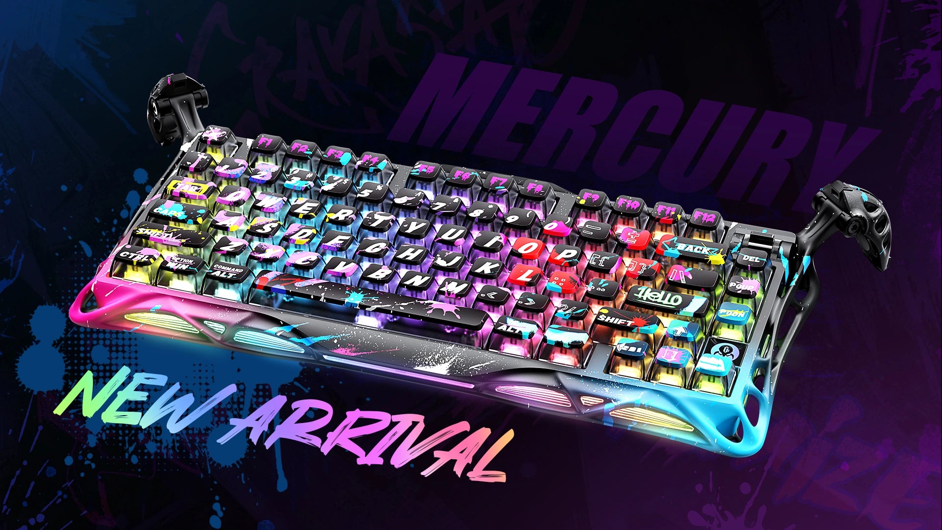 GravaStar Mercury V75 Pro Special Edition Neon Graffiti Gaming Keyboard - 75% compact layout with Hall Effect magnetic switches, 8kHz polling rate, 0.125ms latency, adjustable actuation 0.2-3.7mm, dynamic rapid trigger, RGB lighting 16 modes, aluminum construction, hot-swappable switches, 4-layer acoustic foam, neon graffiti street art design, perfect for FPS gaming, CS2, Valorant, competitive esports, content creation, streaming