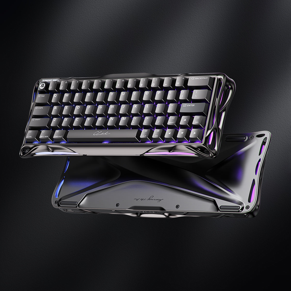Gaming keyboard with transparent case on a dark background