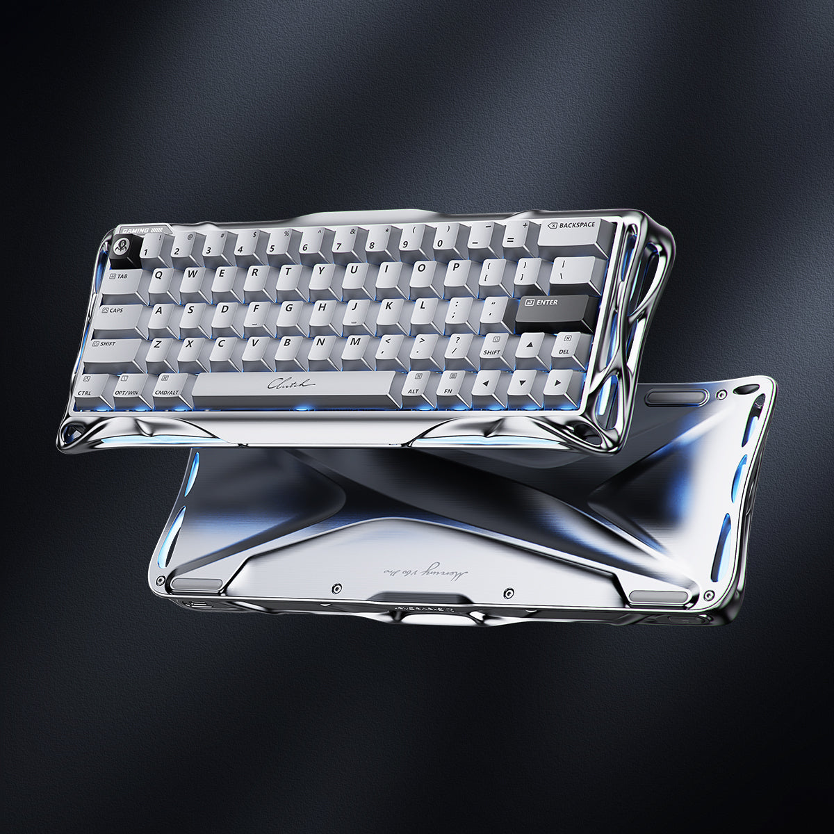Transparent keyboard with metallic frame on a dark background
